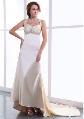 Champagne Beading and Ruching Straps Satin Prom Gown