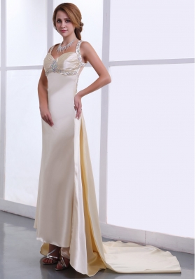 Champagne Beading and Ruching Straps Satin Prom Gown