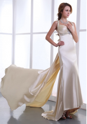 Champagne Beading and Ruching Straps Satin Prom Gown