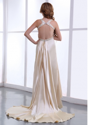 Champagne Beading and Ruching Straps Satin Prom Gown