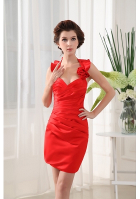 Red Floral Halter Taffeta Mini-length Prom Gown