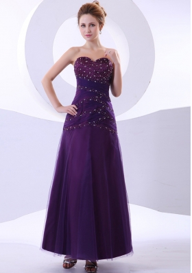 Purple Beaded Prom Gown Ankle-length Tulle and Taffeta