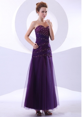 Purple Beaded Prom Gown Ankle-length Tulle and Taffeta