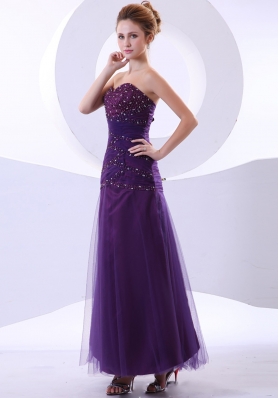 Purple Beaded Prom Gown Ankle-length Tulle and Taffeta