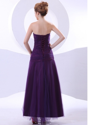 Purple Beaded Prom Gown Ankle-length Tulle and Taffeta