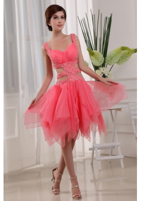 Watermelon Ruffles Knee-length Straps Organza Prom Dress