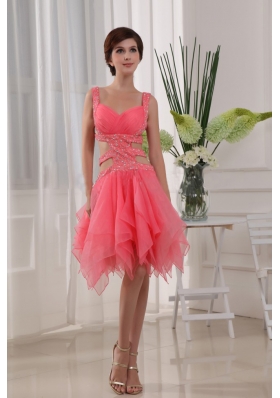 Watermelon Ruffles Knee-length Straps Organza Prom Dress