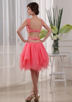 Watermelon Ruffles Knee-length Straps Organza Prom Dress