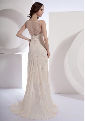 Champagne Beading Prom Gown Scoop Chiffon Brush Train