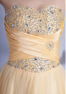 Light Yellow Prom Gown Beading Taffeta and Organza