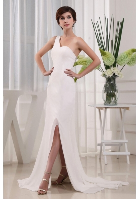 Elegant One Shoulder High Slit Column Prom Dress Beading