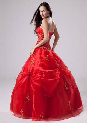 Red Quinceanera Dress With Embroidery and Pick-ups Organza