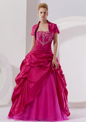 Hot Pink Taffeta Embroidery Strapless Quinceanera Dress