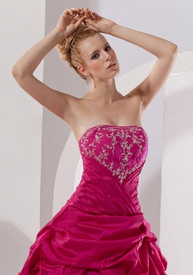 Hot Pink Taffeta Embroidery Strapless Quinceanera Dress