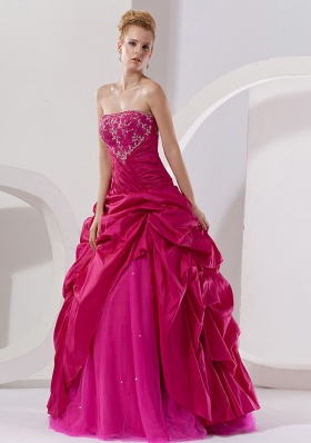 Hot Pink Taffeta Embroidery Strapless Quinceanera Dress