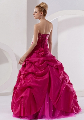 Hot Pink Taffeta Embroidery Strapless Quinceanera Dress