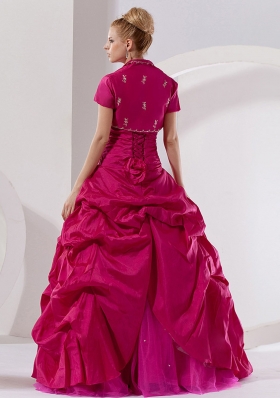 Hot Pink Taffeta Embroidery Strapless Quinceanera Dress