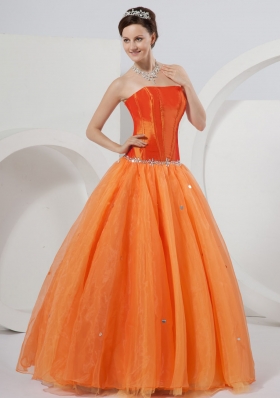 Orange Strapless A-line Organza Beading Quinceanera Dress