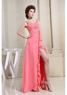 Watermelon High-low Ruched Bodice Beaded Straps Prom Dress