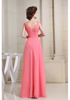 Watermelon High-low Ruched Bodice Beaded Straps Prom Dress