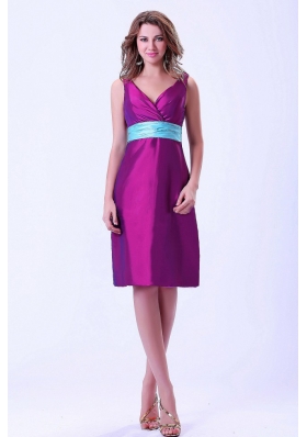 Discount Purple V-neck Bridesmaid Dresses Blue Belt