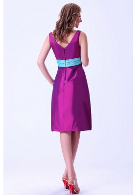 Discount Purple V-neck Bridesmaid Dresses Blue Belt