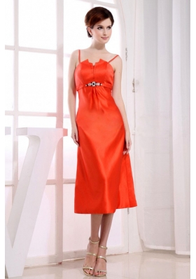 Spaghetti Straps Tea-length Orange Red Prom Dress 