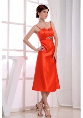 Spaghetti Straps Tea-length Orange Red Prom Dress 