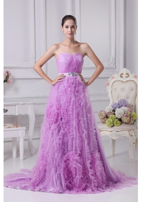 Exquisite Ruffled Lavender Court Train Strapless Prom Celebrity Dresses