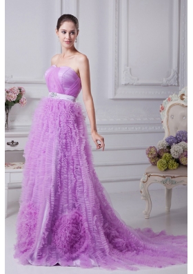 Exquisite Ruffled Lavender Court Train Strapless Prom Celebrity Dresses