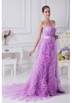 Exquisite Ruffled Lavender Court Train Strapless Prom Celebrity Dresses