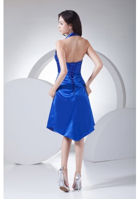 Royal Blue Halter Bridesmaid Dress Taffeta Knee-length