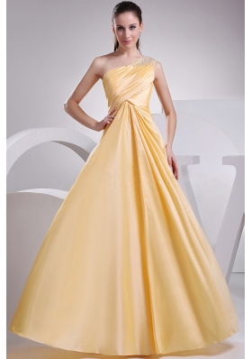 Yellow Taffeta Prom Dress Beading and Ruching One Shoulder