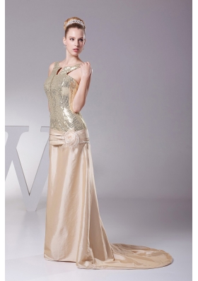 Champagne Prom Gown Hand Made Flower Sequin and Satin