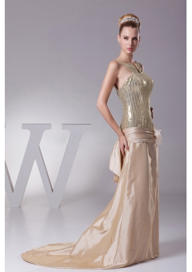 Champagne Prom Gown Hand Made Flower Sequin and Satin