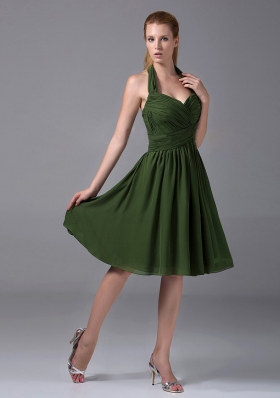 Olive Green Halter Chiffon Knee-length Bridesmaid Dress