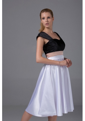 Cap Sleeves White and Black Satin Knee-length Prom Dress