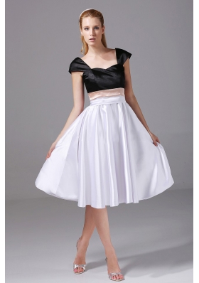 Cap Sleeves White and Black Satin Knee-length Prom Dress