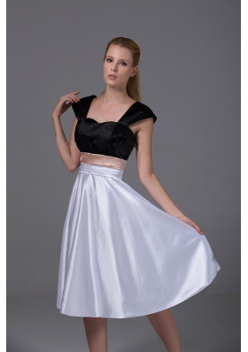 Cap Sleeves White and Black Satin Knee-length Prom Dress