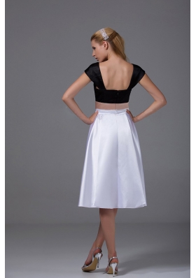 Cap Sleeves White and Black Satin Knee-length Prom Dress