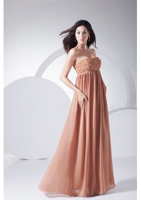 Brown Chiffon Beading Prom Gown Strapless