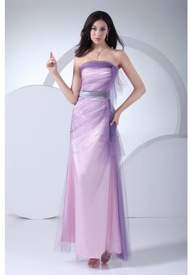 Prom Gown Pink Taffeta Tulle Ankle-length Strapless Sash