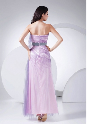 Prom Gown Pink Taffeta Tulle Ankle-length Strapless Sash