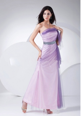 Prom Gown Pink Taffeta Tulle Ankle-length Strapless Sash