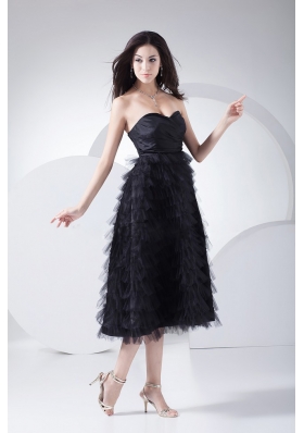 Prom Gown Ruffled Layers Tea-length Black Taffeta and Tulle