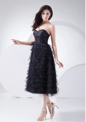 Prom Gown Ruffled Layers Tea-length Black Taffeta and Tulle