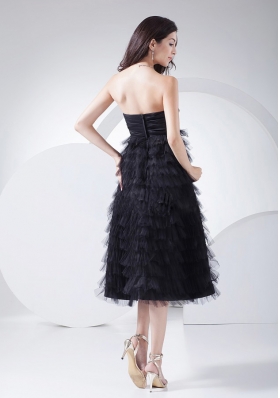 Prom Gown Ruffled Layers Tea-length Black Taffeta and Tulle