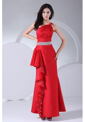 One Shoulder Ankle-length Beading and Ruching Prom Gown