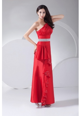 One Shoulder Ankle-length Beading and Ruching Prom Gown