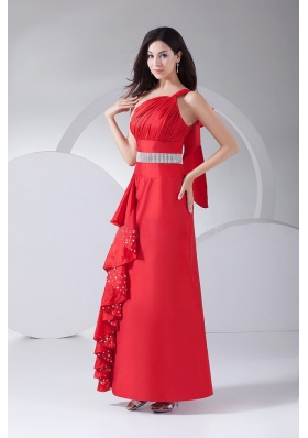 One Shoulder Ankle-length Beading and Ruching Prom Gown